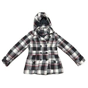 Y2K Outer Edge Plaid Hooded Pea Coat Medium Preppy Punk Twee